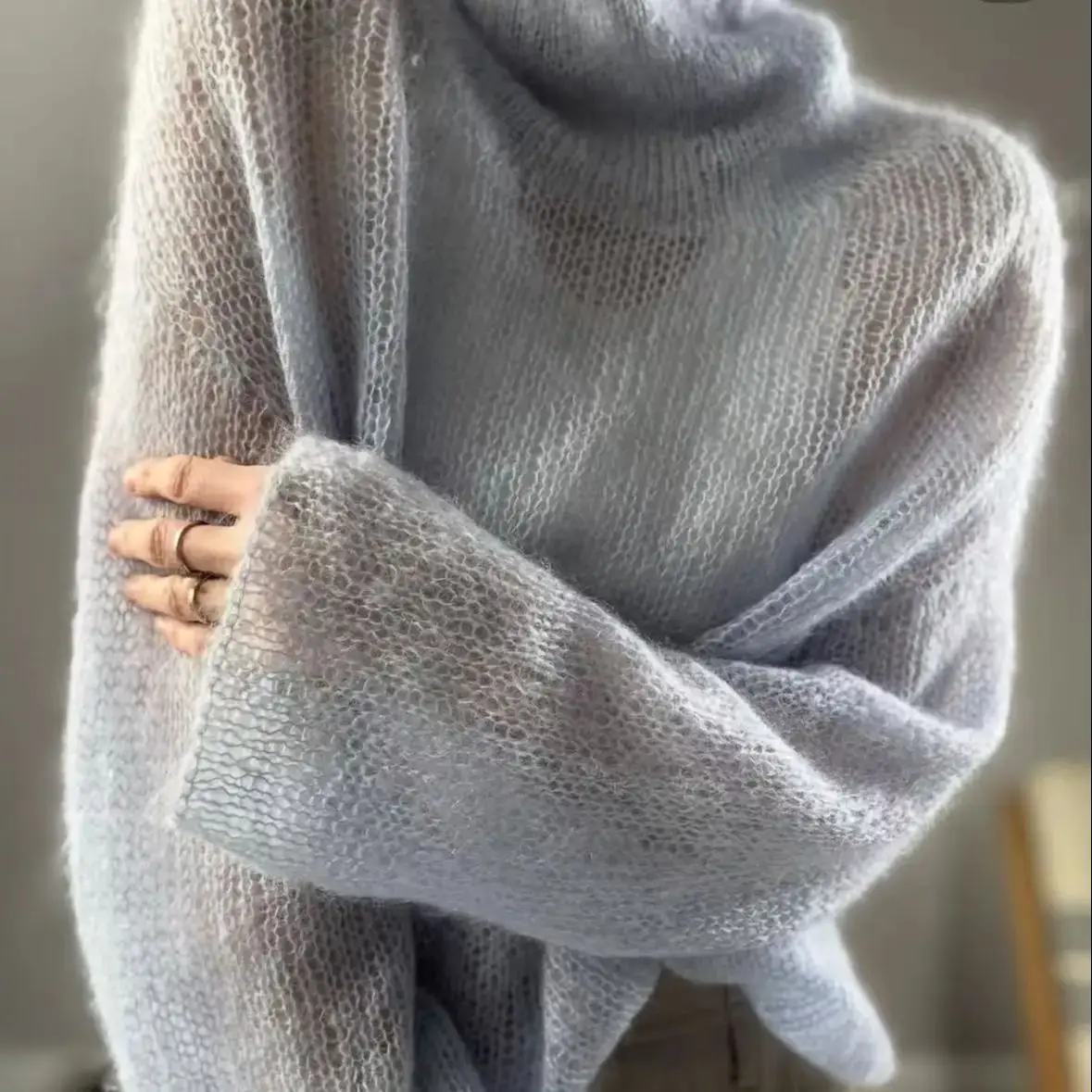 Solid Color Soft and Comfortable High Neck Wool Mohair Handmade Sweater, New Fashionable and Transparent, Suitable for Autumn