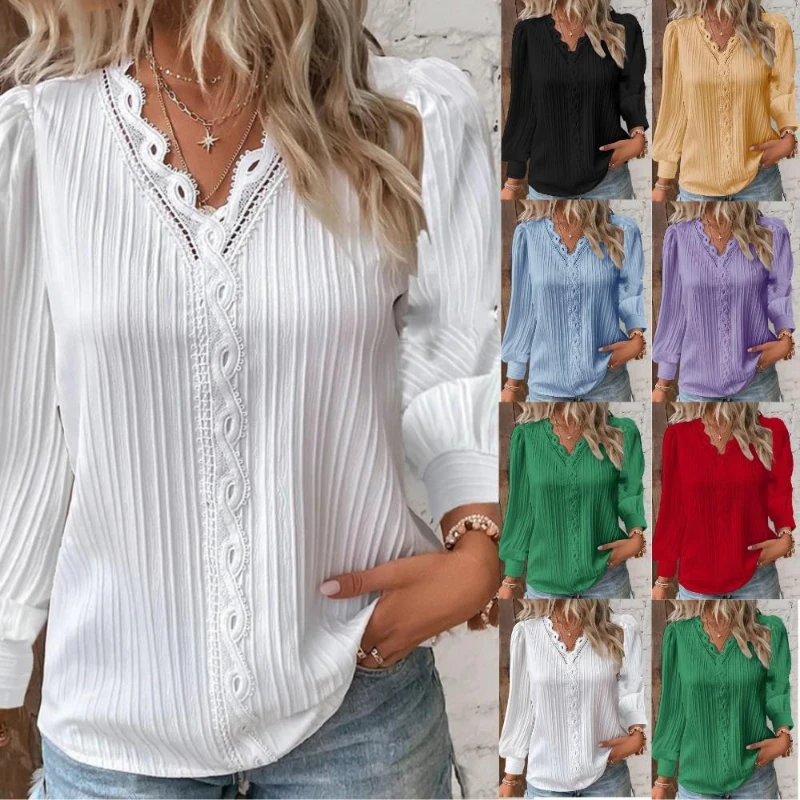 

Women's Loose Stitching V-neck Long Sleeve Pullover Chiffon Shirt Fall Top Simple Elegant Street Blouse Lace Stitching Shirt