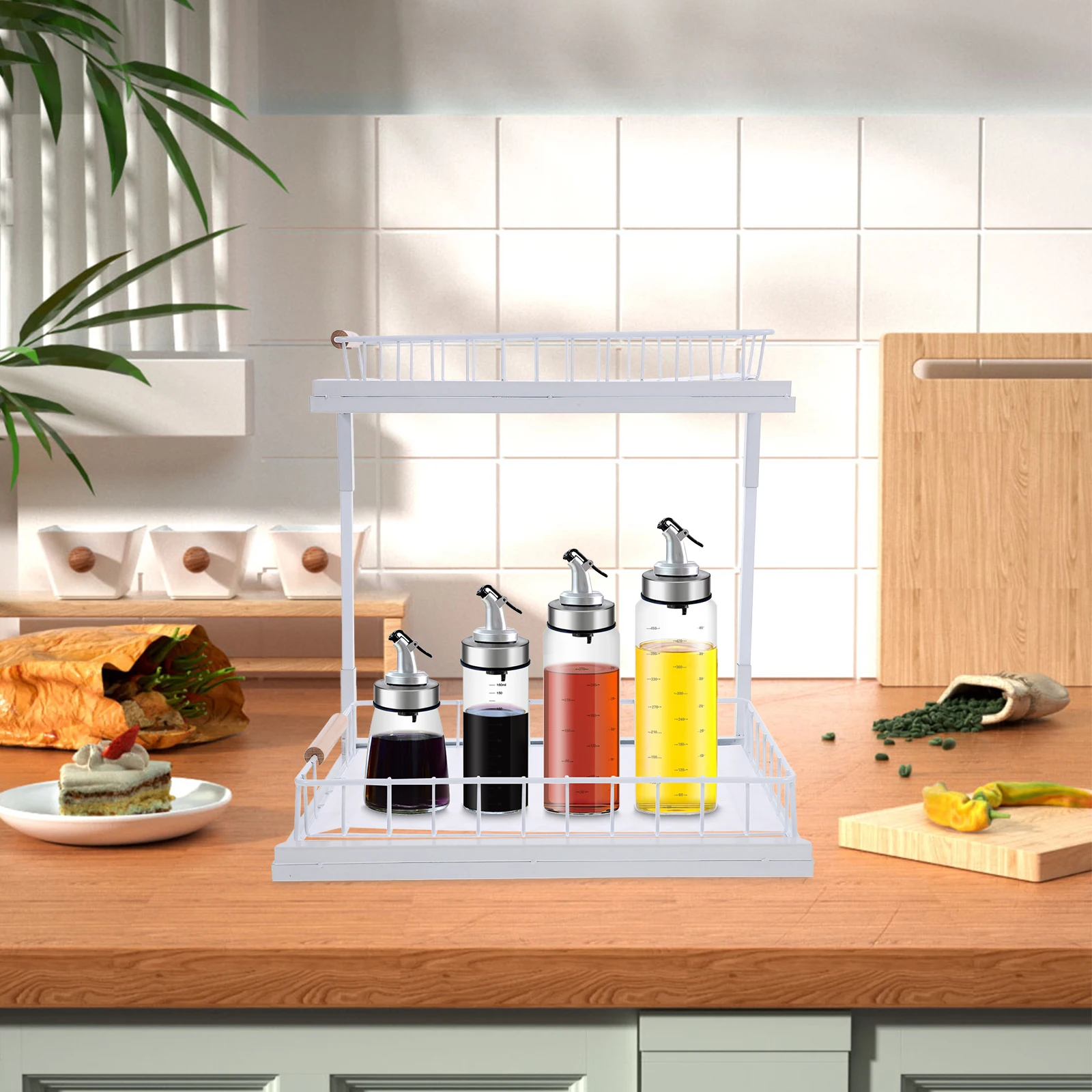 

2-tier Spice Rack Storage Kitchen Countertop Pull-out Shelf Black Double-layer Organizer Under Sink Cabinet Holder