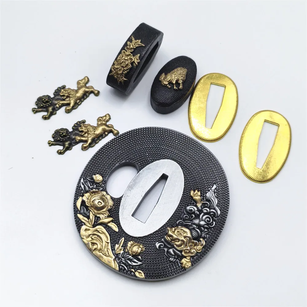 A Set Alloy lion Tsuba Menuki+Fuchi+Kashira+Seppa Accessory For Japanese Sword Samurai Katana Fittings