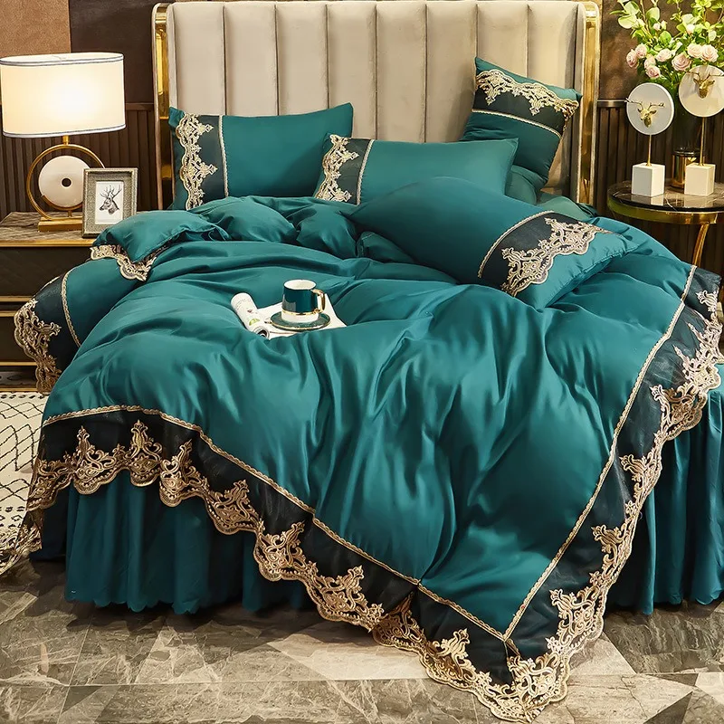 Elegant Luxury Lace‑Trim Satin Bedding Collection, Double‑Sided Smooth Silk 4‑Pieces Bed Set, Decorative Bed Skirt Duvet Cover