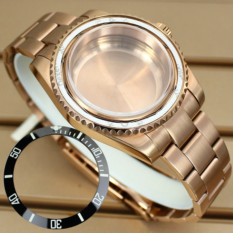 

40mm All Rose Watch Case Solid Steel Bracelet Glide Lock Clasp For Seiko NH34 NH35 NH36 NH38 4R36 Miyota 8215 ETA 2824 Movement