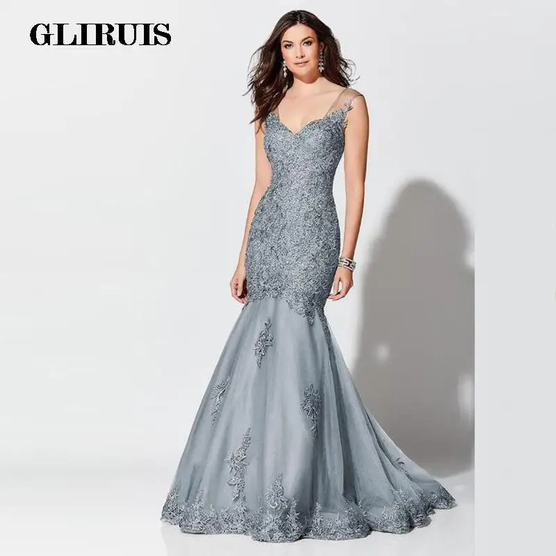 

Mermaid Silver Lace Applique Plunge V Neckline Mother of the Bride Dresses Sleeveless Wedding Party Gowns Backless 2022