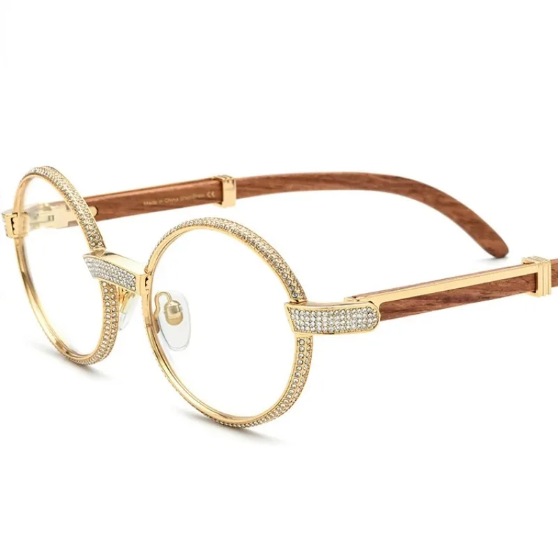 New Diamond Optical Glasses Metal Hand-made Mahogany Leg Glasses Frame Round Can Be Equipped with Myopia Anti-blue GlassesFrame.