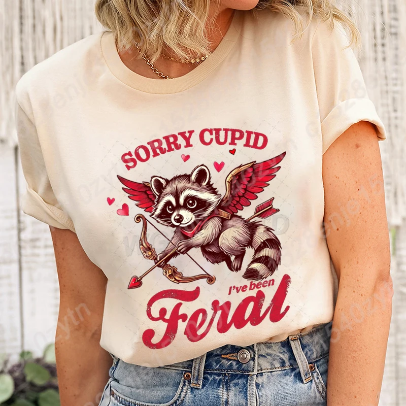 

Valentine's Day Racoon Sorry Cupid I've Been Feral Print T-Shirt Women Short Sleeve Round Neck Tee Shirt Casual Summer Soft Tops