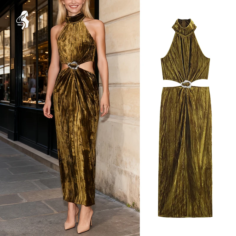 Womens Dress With Jewelry Embellishments Cut Out Waist Halter Neck Fashionable Dress Suitable For Parties And Evening Events