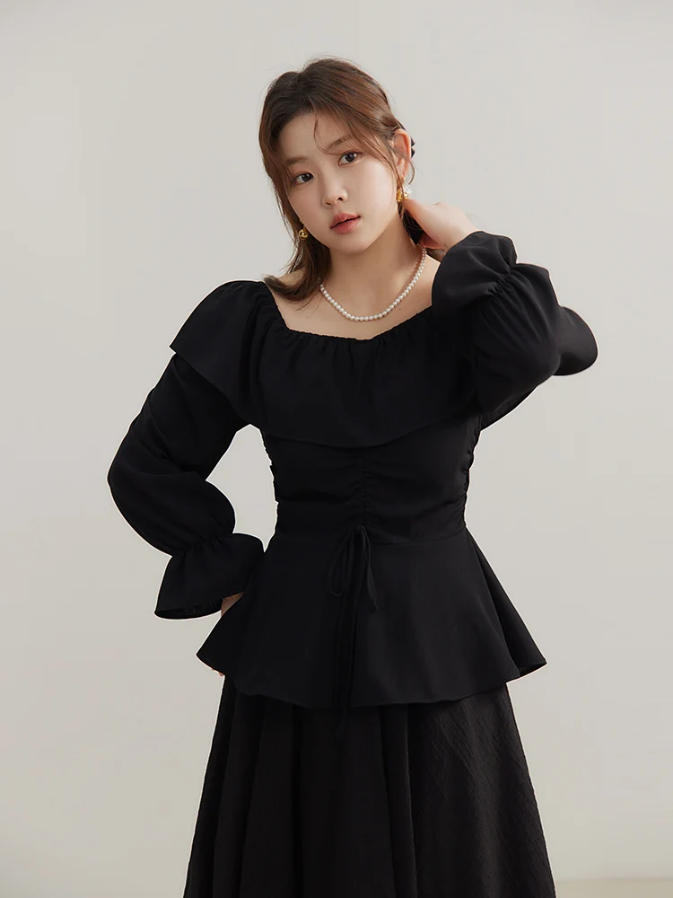 DUSHU French Sweet V-neck Chiffon Shirt Spring New Romantic Ruffle Two Wear Small Shirt Black Women Casual Loose Dress 24DS81266