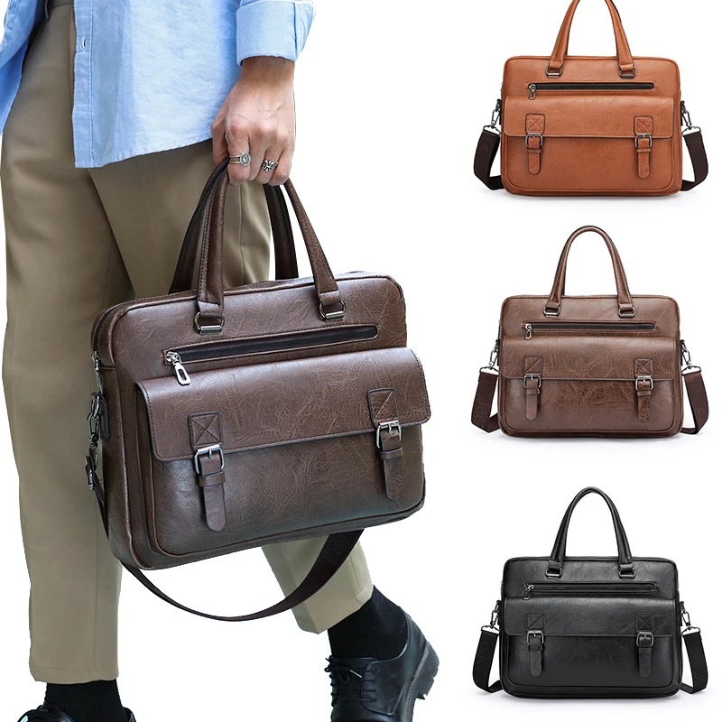 Briefcase Bag for Man PU Leather Vintage Handbags Computer Laptop 14 Shoulder Business Messenger Portfolio Crossbody Bag Male