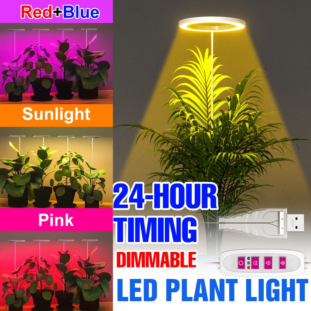USB DC5V LED Grow Lights Full Spectrum Ring Lamp Dimmable With Timing Auto On/Off For Flower Succulent Potted Plants Cultivation
