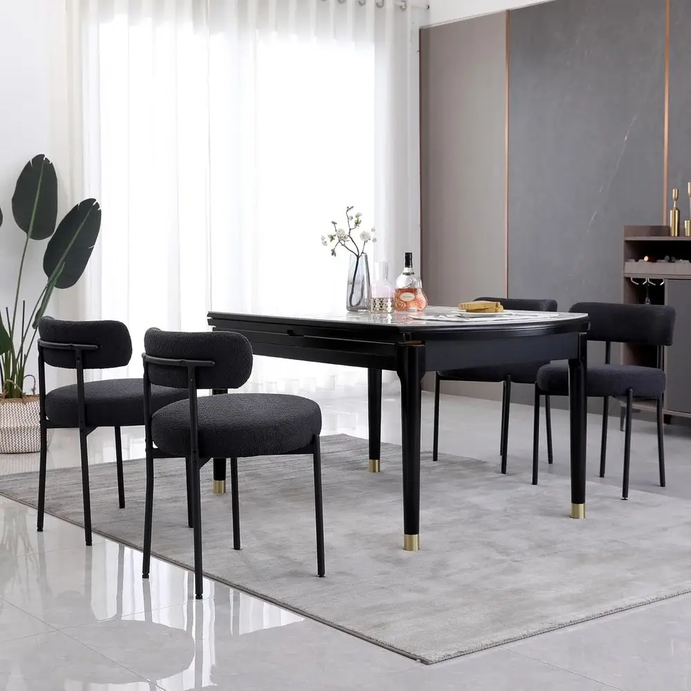 Black Dining Chairs Set o 4 Round Upholstered Boucle Dining Room Chairs -Century ern Kitchen Chairs with Curved Backrest and Bla