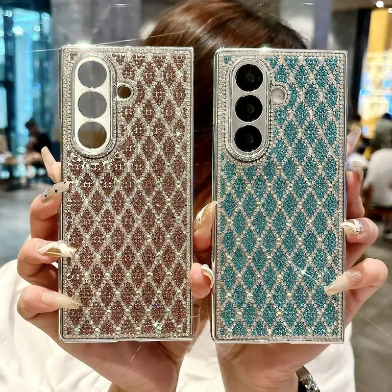 

Bling Plaid Diamond Phone Case For Samsung Galaxy Z Fold 7 Fold6 Fold5 Fold 4 3 Luxury Glitter Rhinestone High-end Plating Cover