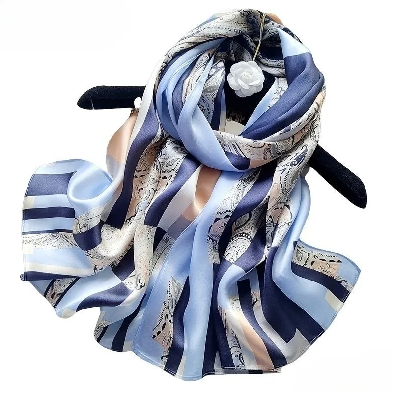100% Mulberry Silk Long Scarf for Women Oblong Shawls for Headscarf Neck- Oblong Hair Wraps Gift Packed Blue Geometric Print
