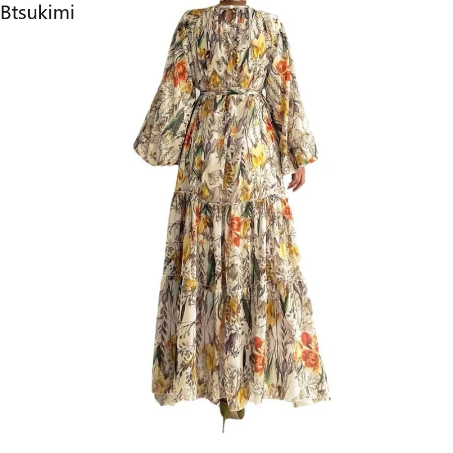 2024 New Women's Floral Printed Long-sleeved Chiffon Dress Muslim Fashion Abayas Elegant Lace-up Evening Dresses Long Robe Femme