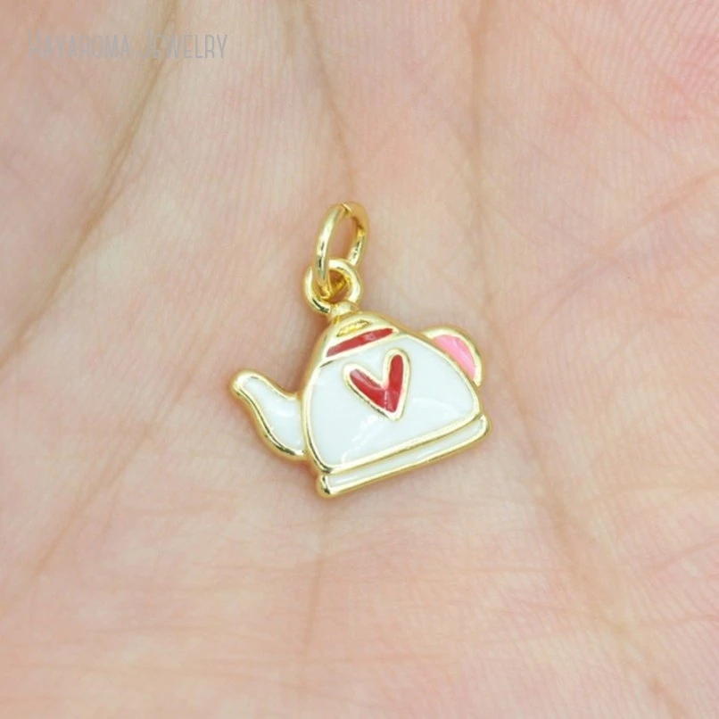 10Pcs Gold Color Enamel Metal Wholesale Pendant Hearts Heart Shape Point Kettle Copper Charms PM51785