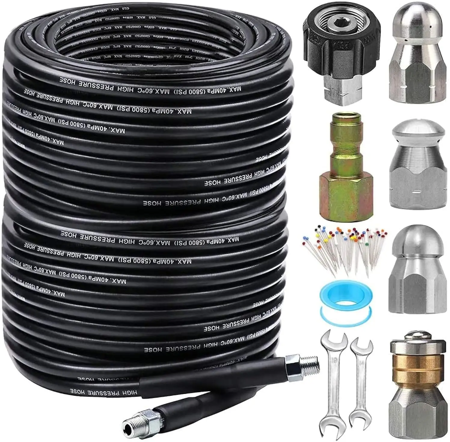 200FT Sewer Jetter Kit for Pressure Washer, 5800PSI Drain Cleaner Hose 1/4 Inch NPT Corner, Rotating and Button Hose Sewer Jetti