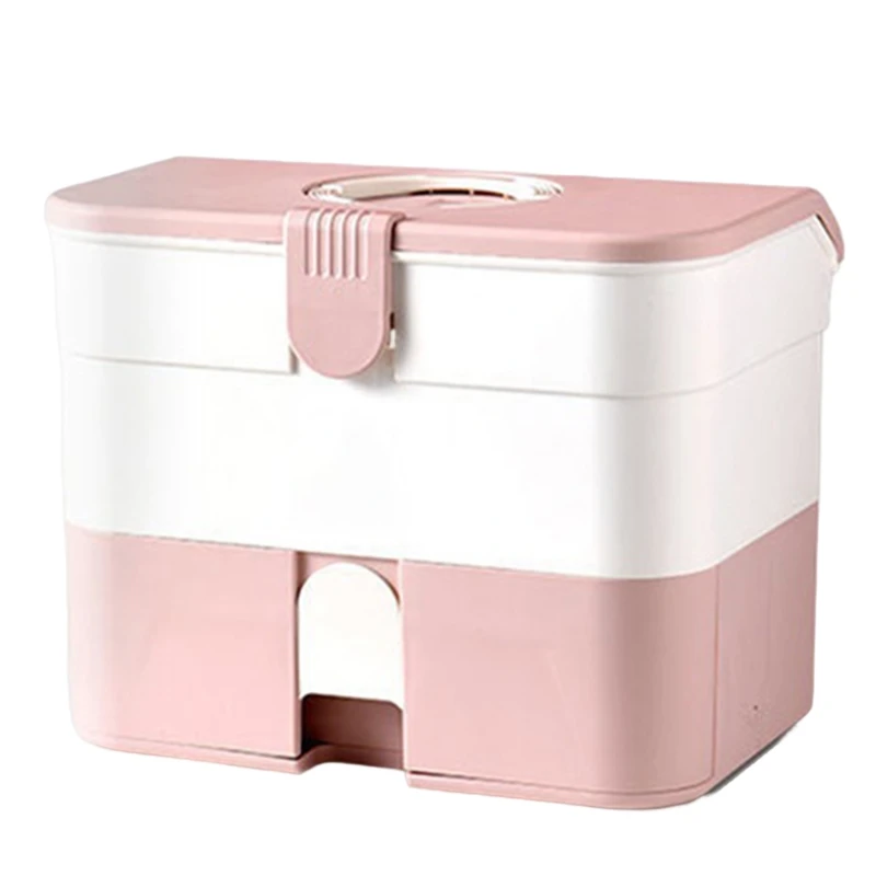 Portable Storage Box Case Organizer With Removable Tray Portable Handle Family Emergency Medicine Kit Pink