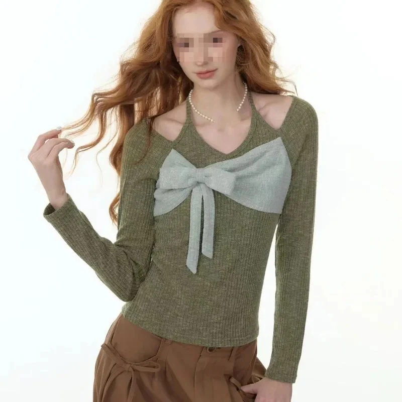 

Американский лоскутный вязаный укороченный топ с лямкой на шее, женский осенне-зимний облегающий пуловер с длинными рукавами, милый свитер Y2k