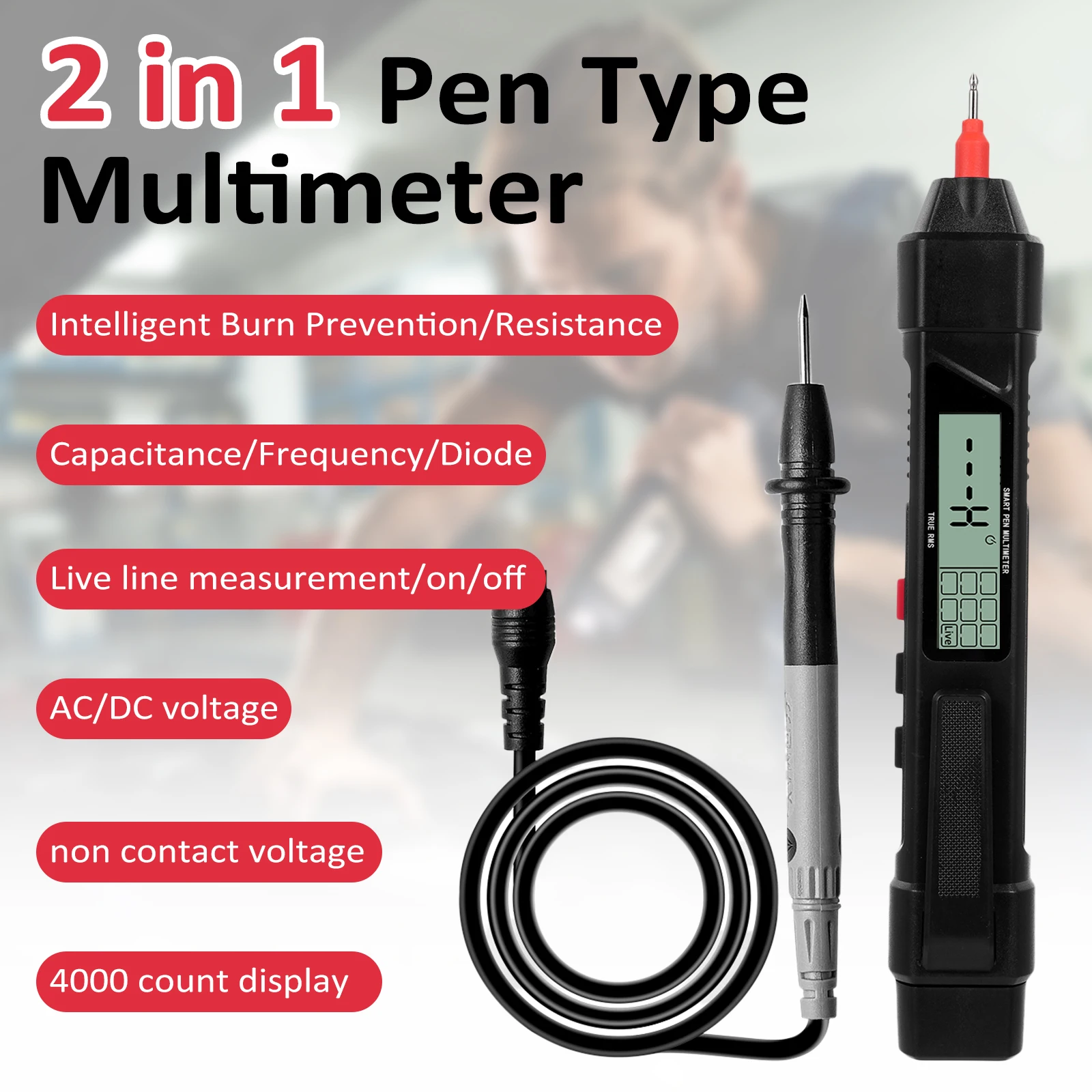 Multímetro digital 2 en 1 tipo rotulador probador de voltaje CA/CC de 4000 recuentos voltaje, capacitancia, resistencia, frecuencia de alta precisión