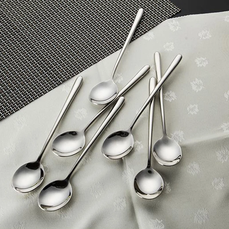 2/6/10pcs 8.7'' Long Handle Dinner Spoon Stainless Steel Cutlery Set Korean Style Cake Spoon for Hotel Home Bar Cafe and Office