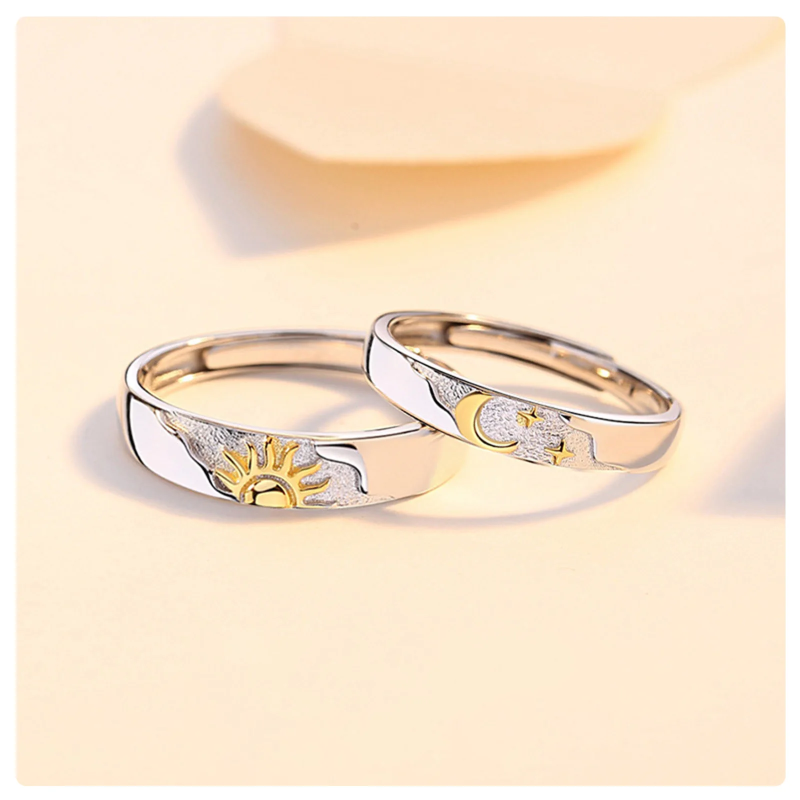 Adjustable Open Silver Couple Rings Set Gold Sun for Him Gold Moon for Her Lovers Jewelry Gift