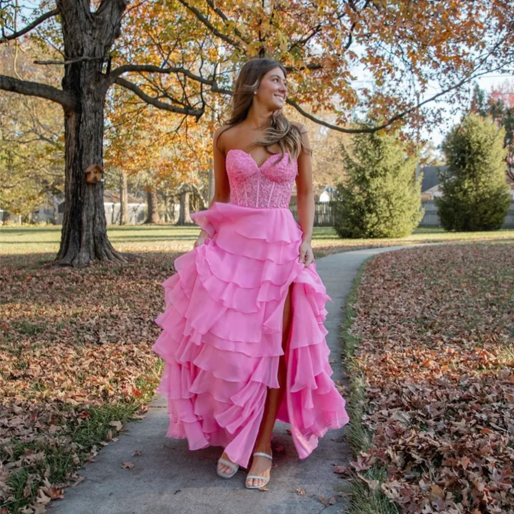 Robe de Rhen tulle rose sans bretelles, élégante robe longue avec fente, ligne A à volants, longueur au sol, robe éducative pour Donura