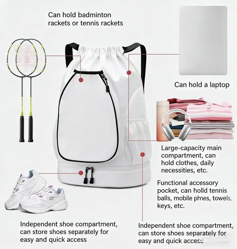 Lightweight Badminton Tennis Racket Backpack Holds 2 Rackets Drawstring Sports Bag Large Capacity With Shoes Compartment Bags