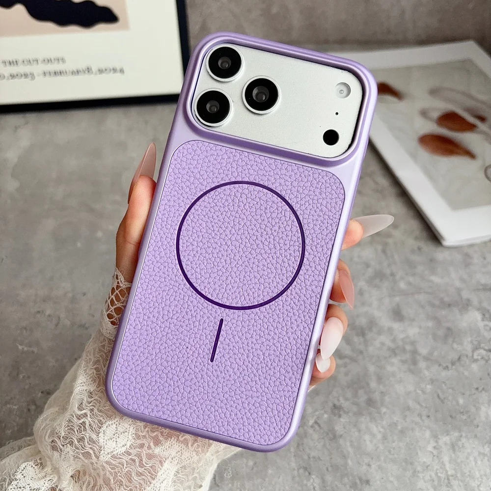 Original Lychee Leather Texture For Magsafe Phone Case For iPhone 18 17 16 15 14 13 Pro Max Bumper For 18 Pro Max Magnetic Cover