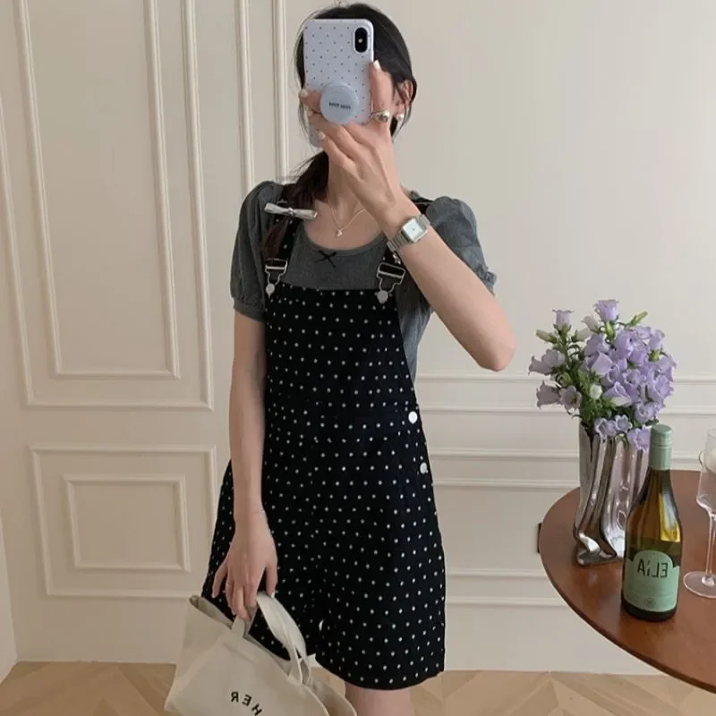 

Women Polka Dot Overall Shorts Set Casual Short Sleeve T Shirt And Overalls 2 Piece Outfit