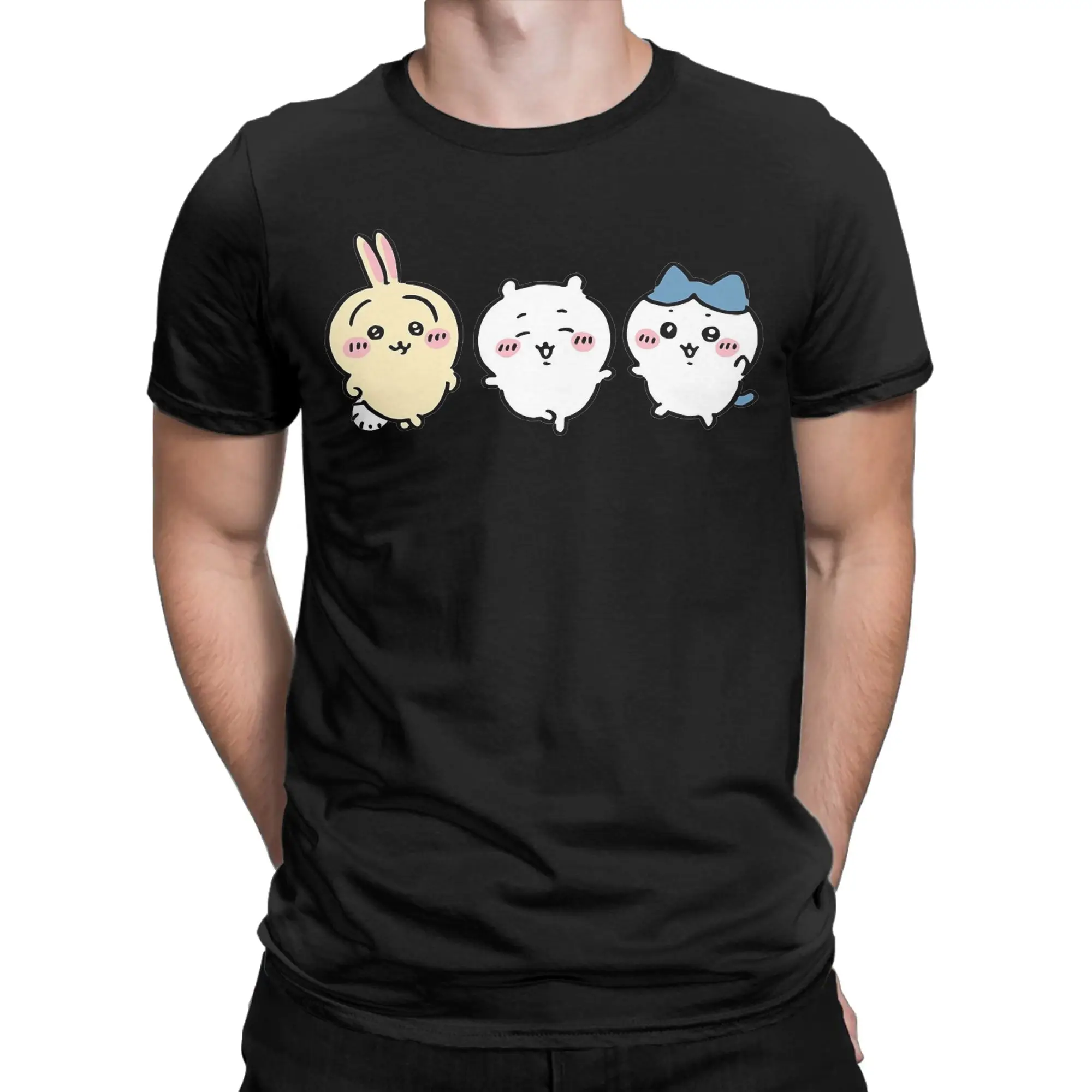 Chiikawas Hachiware Usagi Cute Kawaii T Shirt Men 100% Cotton Humorous T-Shirts Crew Neck  Tees Short Sleeve Clothing Gift Idea