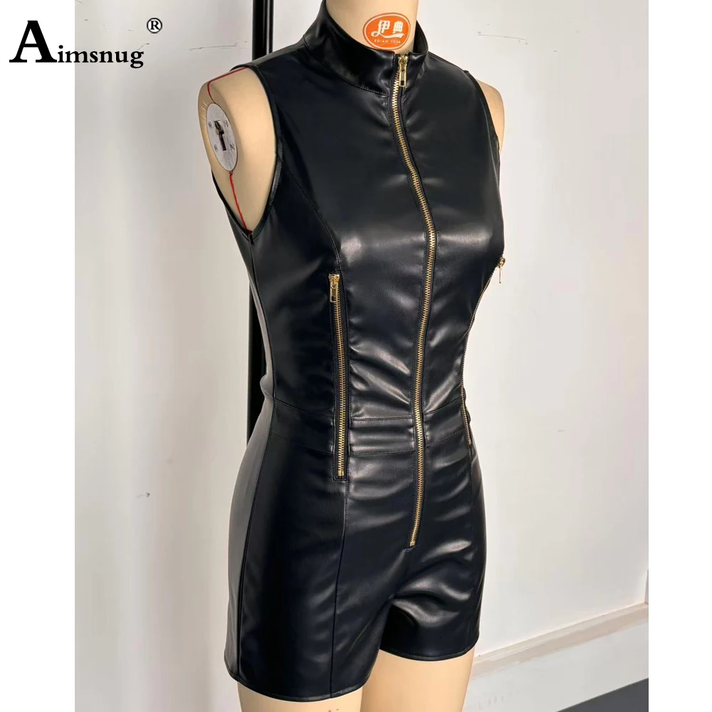 بدلة لعب نسائية عالية القطع بدون أكمام من جلد البولي يوريثان موضة 2025 ملابس داخلية جديدة مثيرة بسحّاب للرقص ملابس نسائية ضيقة من الجلد الصناعي