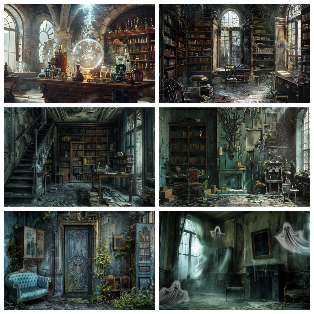 

Horror Halloween Photography Background Dilapidated Wooden House Bookshelf Ghost Pumpkin Lantern Halloween Party Photo Backdrop