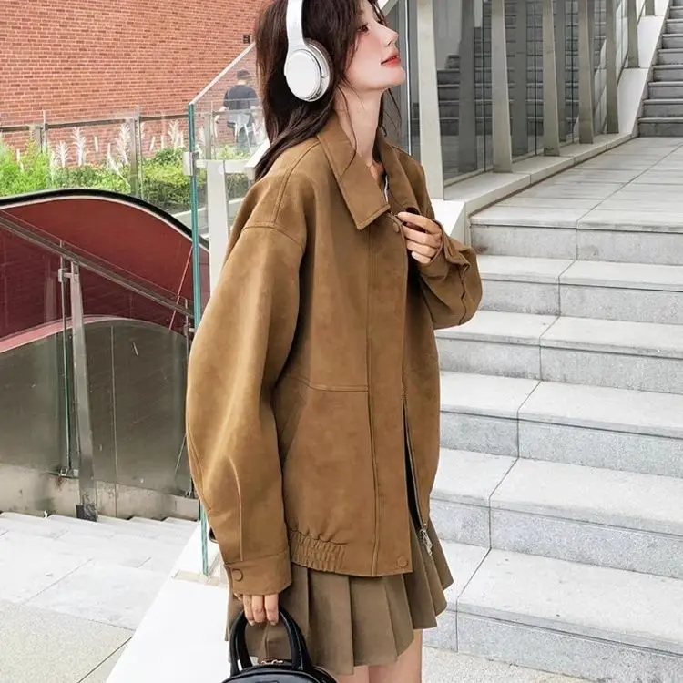 Primavera e outono nova jaqueta feminina solta commuter retro emenda jaqueta de veludo de couro