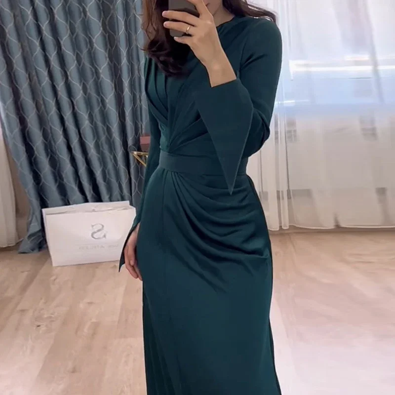 Elegant Dresses for Women 2024 Spring O Neck Solid Tunic Slim Bodycon Long Party Dress Autumn Long Sleeve Draped Boho Maxi Dress