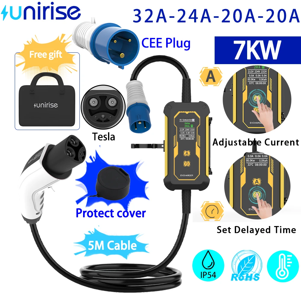 Портативное зарядное устройство Unirise 32A NACS EV для 3,5 кВт/7 кВт Tesla, автомобильное зарядное устройство с вилкой европейского стандарта, зарядное устройство для электромобиля Tesla Model Y/3/X/S