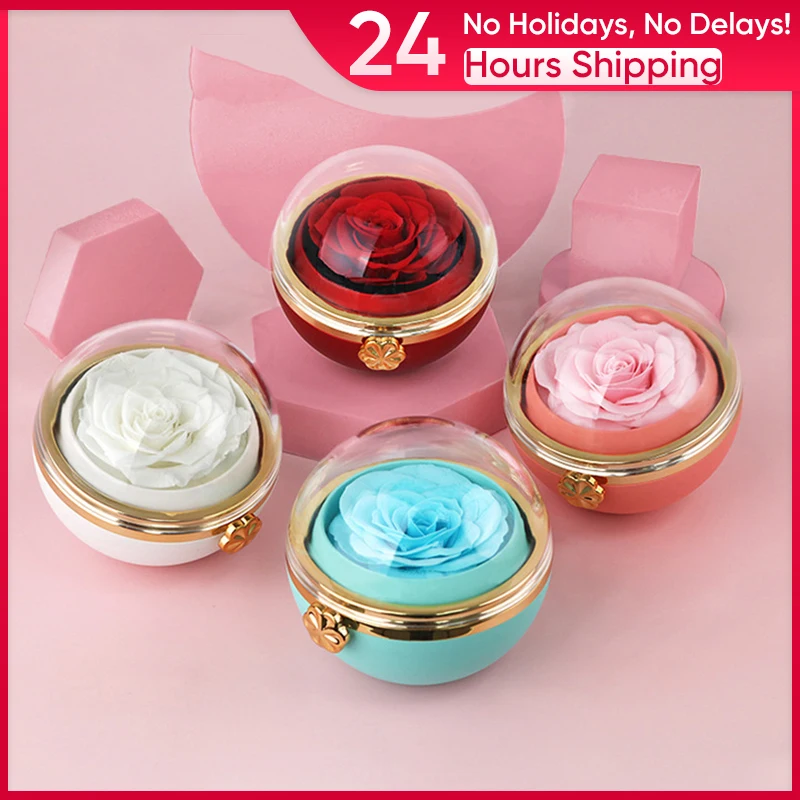 

New Rotating Round Real Preserved Eternal Rose Gift Box Necklace or Ring Jewelry Storage Box