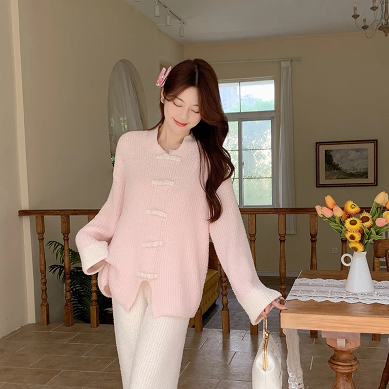 

Женская осенне-зимняя пижама из двух частей в китайском стиле контрастного цвета с милым ветром