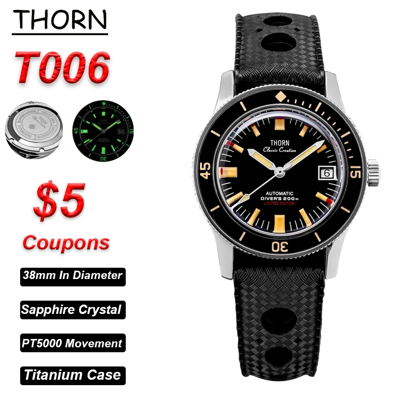 Thorn 50-Fathoms T006 Automatic Movement Mechanical Titanium Case PT5000 Movement Sapphire Luminous 38mm Vintage Diver Watches