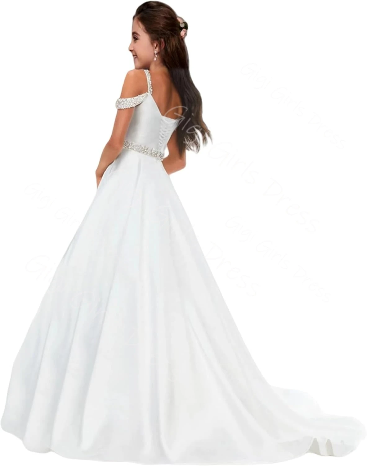 Satin Princess Pageant Dress for Girls Rhinestone Flower Girl Dress for Wedding Bridesmaids Straps Party Communion Gowns Custom