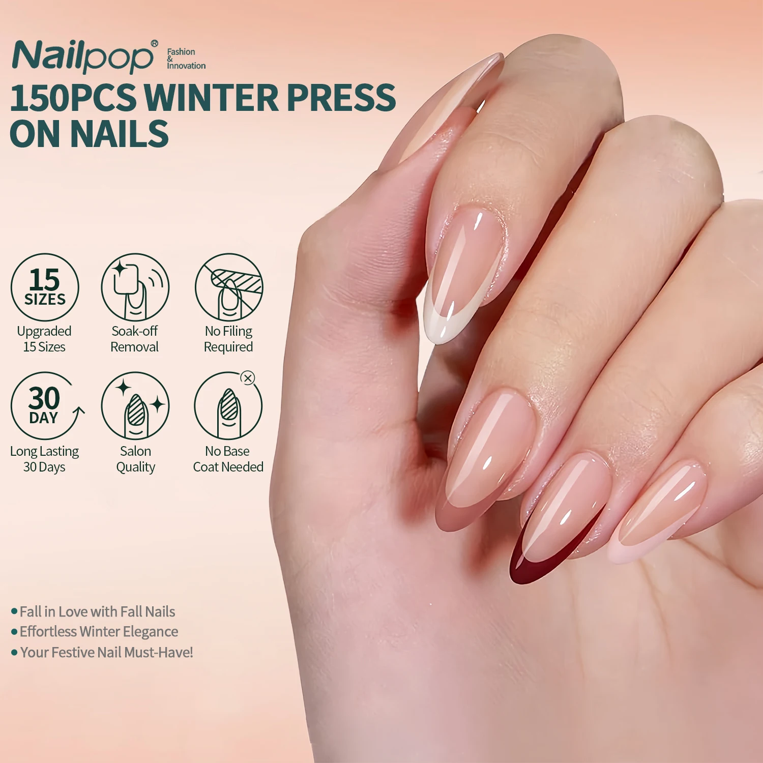 

Nailpop 150PCS Coffin Almond Coffin French Press On Nails 3 in 1 Pre-Painted Base Coat 15 Sizes Easy to use for Salon Nail Art