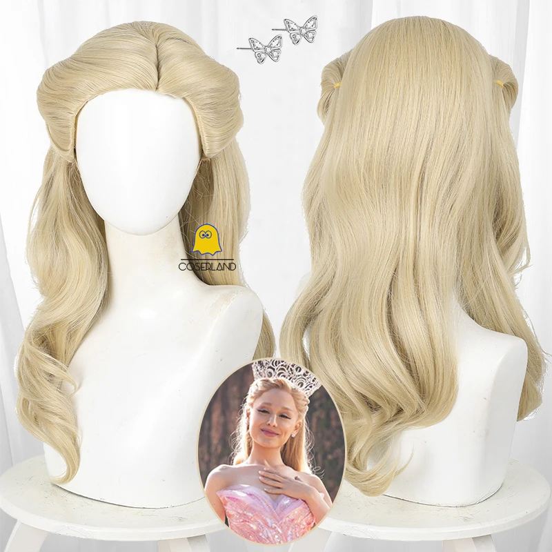 2024 Movie Wicked Glinda Cosplay Wig Long Blond Hair Earrings Props Halloween Party for Women Girls Role Play Carnival Accessory