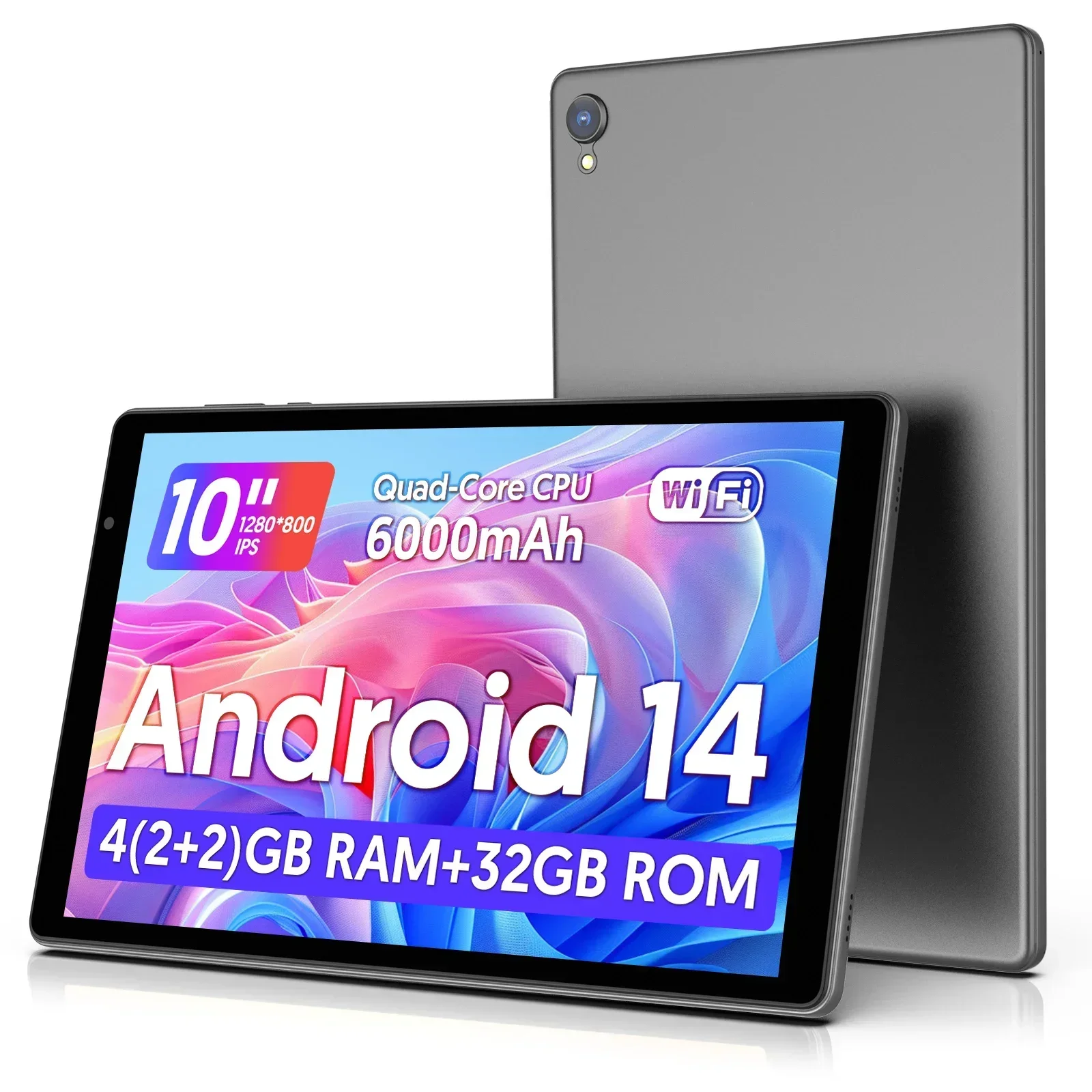 Nieuwste Android 14 tablet, 10-inch tablet, quad-core processor, 5G WiFi, 4GB ROM + 32GB RAM, 1280*800 resolutie, 6000mAh batterij