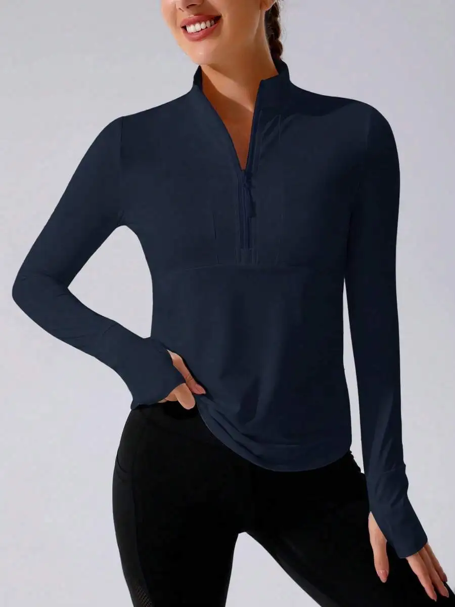 

Womens Long Sleeve Zipper Front Workout Top Slim Fit Solid Color