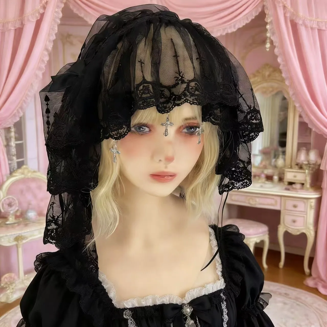 

Gothic Harajuku Lolita Black and White Lace Headband Women's Veil Cosplay Headwear Female Sweet Halloween Hair Accessory