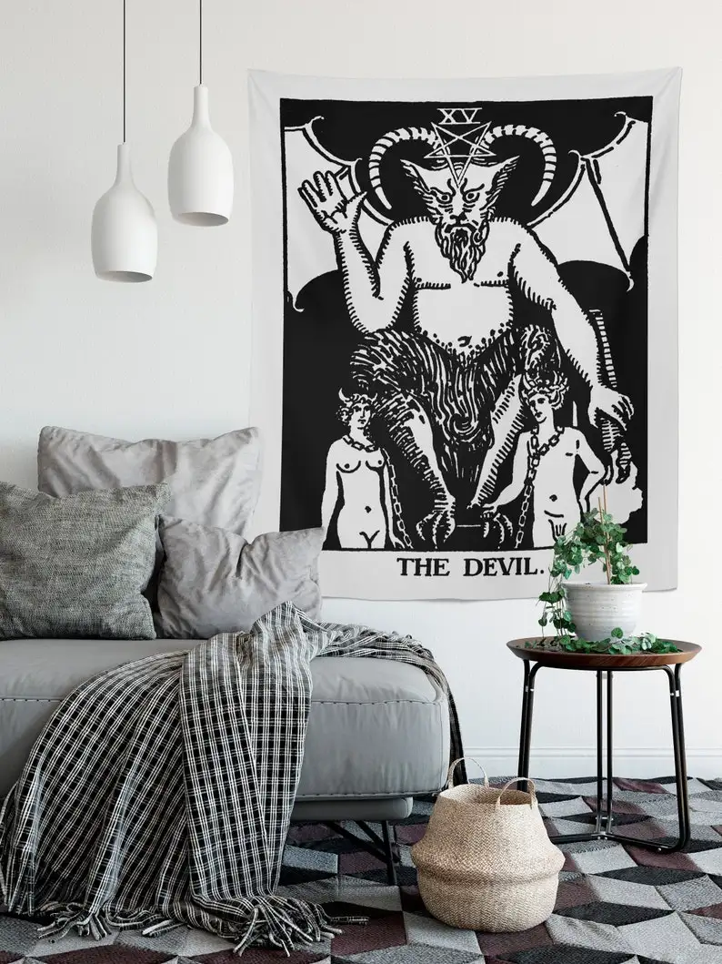 The Devil Tarot Card Tapestry - Rider Waite Devil Black and White Tapestry