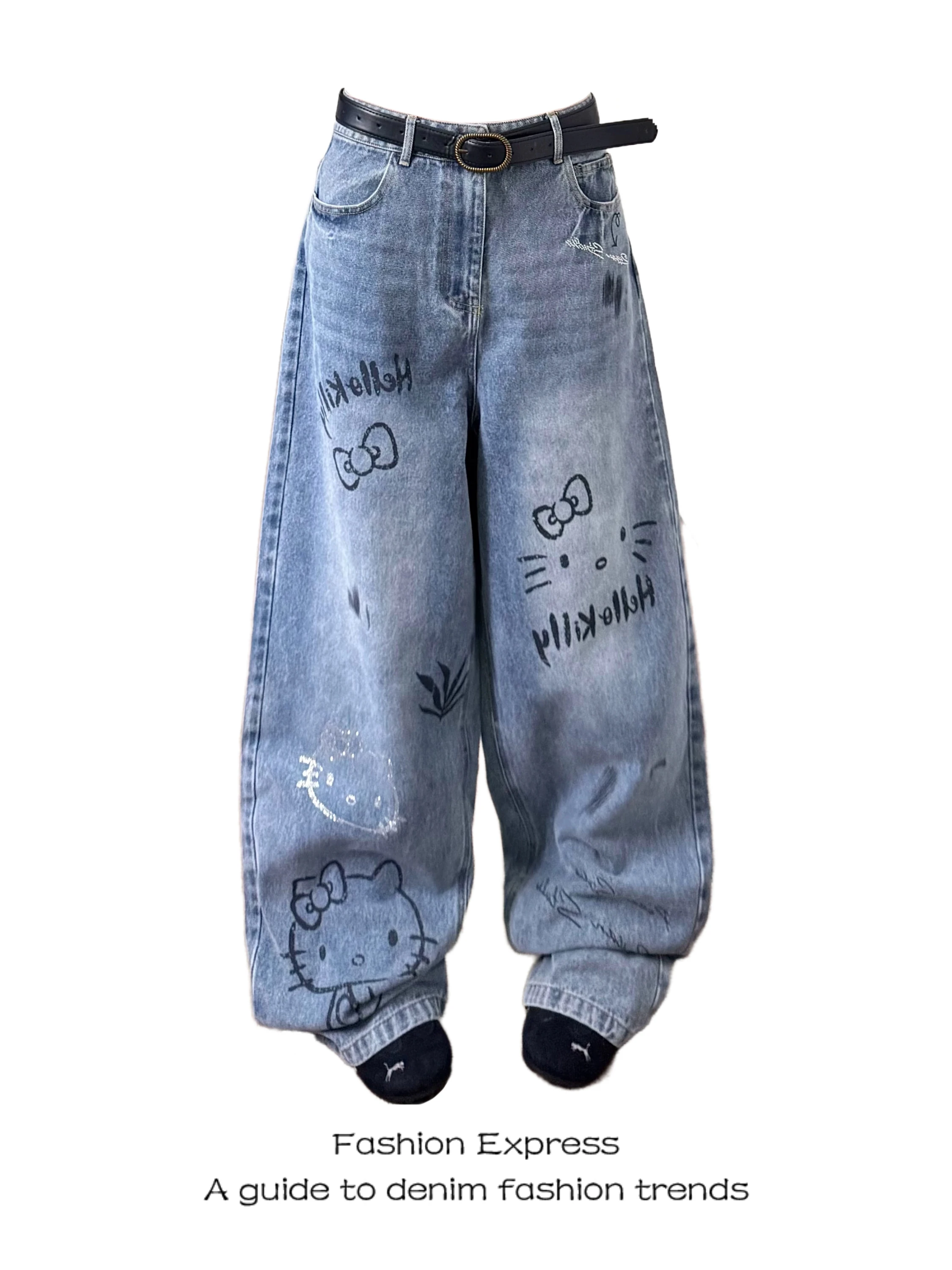 

Light Wash Hand Drawn Cartoon Print Women's Jeans High Waist Straight Leg Blue Denim Casual Comfortable Stretch Pants