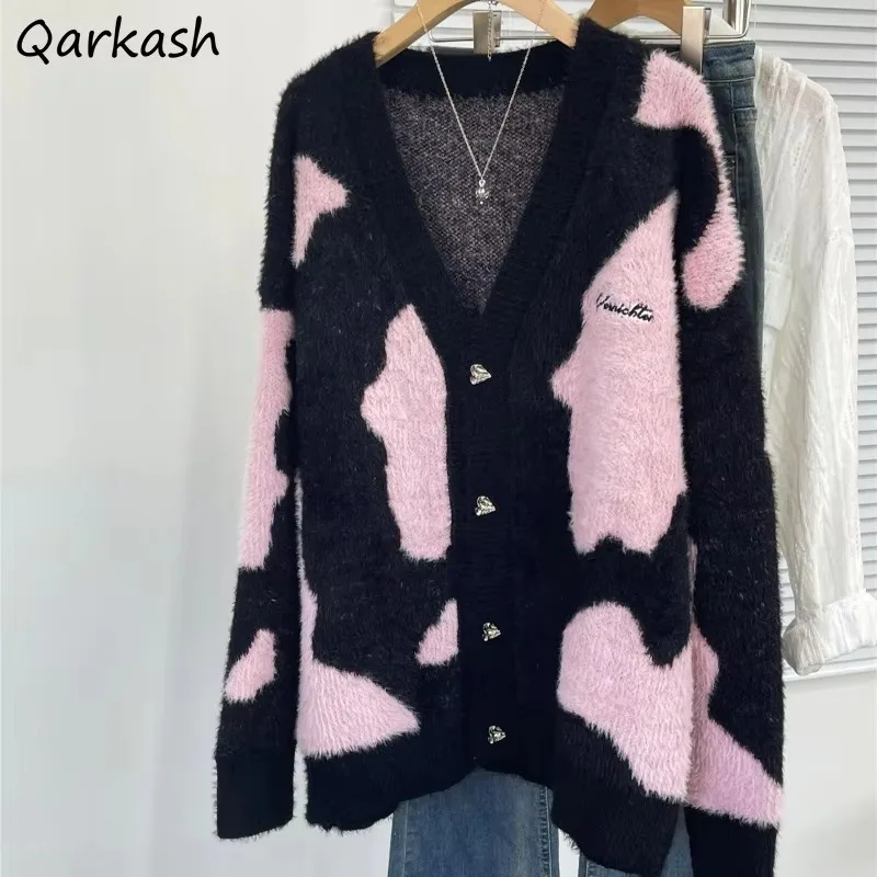 

Кардиган с v-образным вырезом, женский осенний эстетический мешковатый уютный однобортный утепленный свитер со вставками, модная уличная одежда Ulzzang