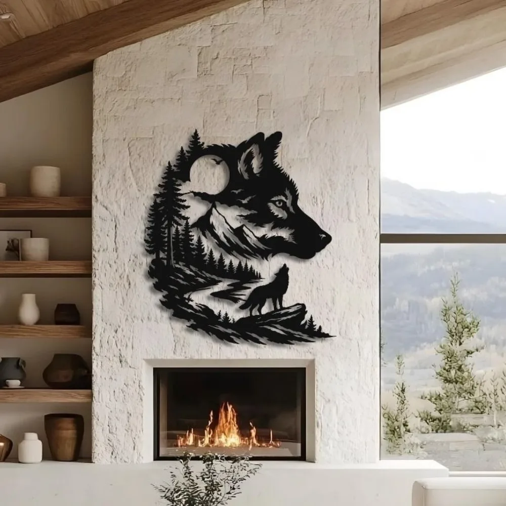 CIFBUY Metal Wall Art Wolf Mountain River Scenery Iron Decor Painting Home Living Room Hanging Ornament