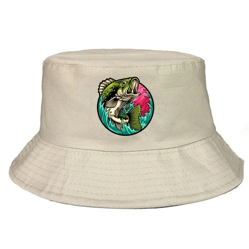 Bass On the Ocean Printed Fisherman Hat Big Mouth Bass Fishing Lovers Casual Sun Bucket Hats Fishes Outdoor Streetwear Cool Hat