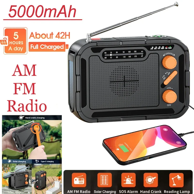 5000mAh Multifunctional Radio Hand Crank Solar Type-C Charging FM AM Radio Phone Power Bank Emergency LED Flashlight Torch Power