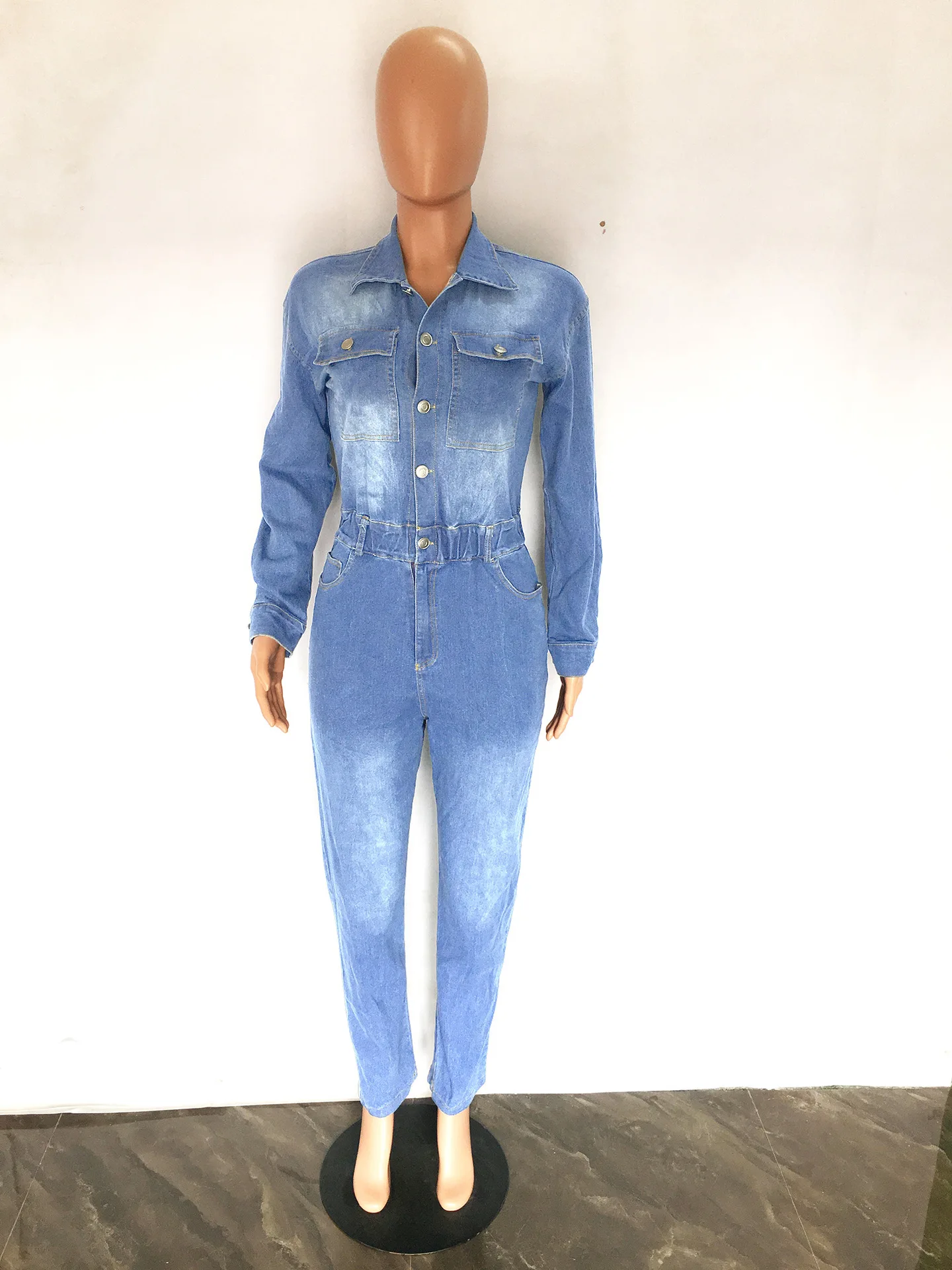 Barboteuse en Denim à Manches sulfpour Femme, Nouvelle Mode, Automne, Revers, Slim Fit, Confortable, Street Can Wear, Solide, Document, Dames